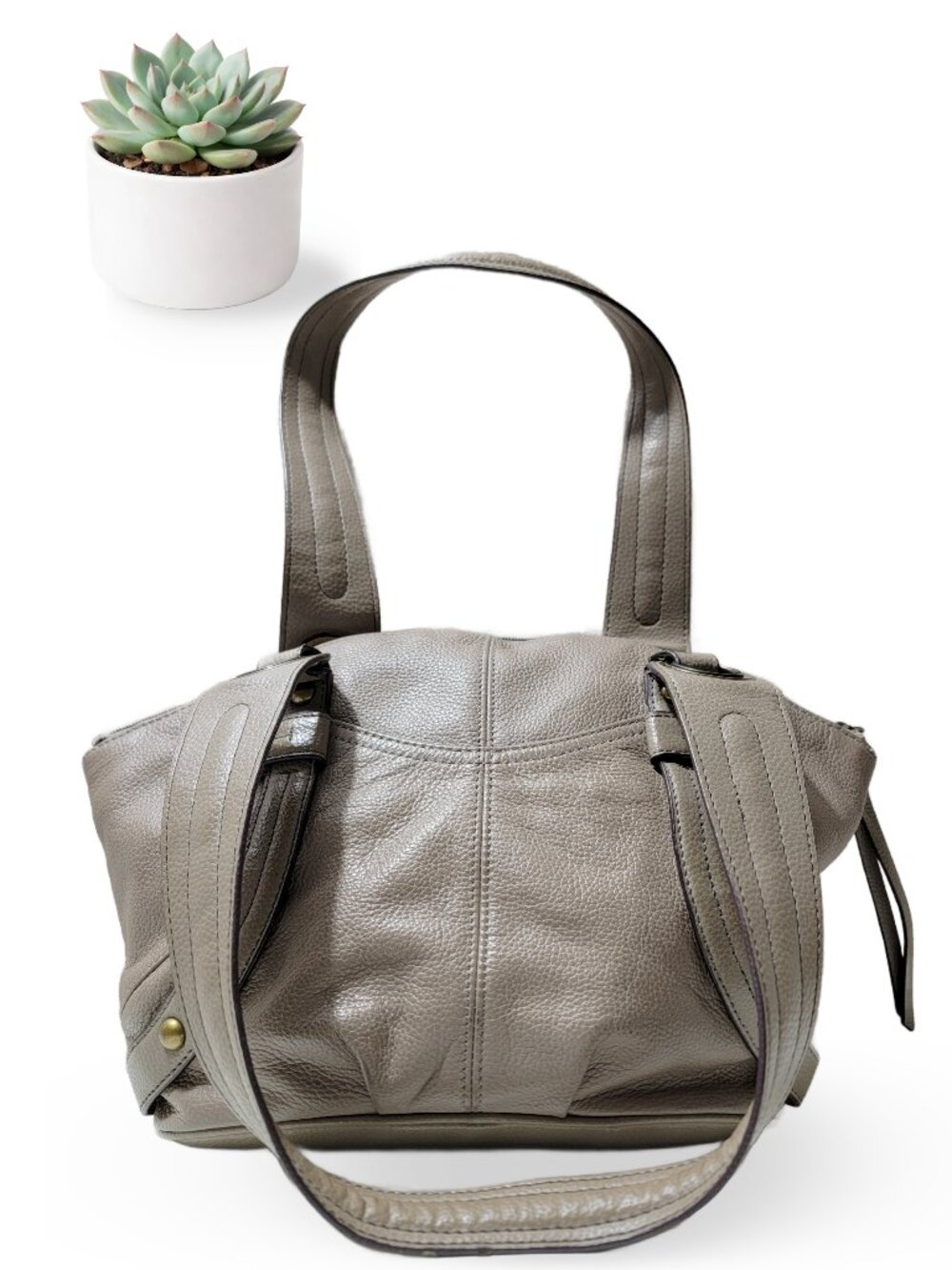 Tignanello Taupe Pebbled Genuine Leather Shoulder Bag Satchel Brass Grommet